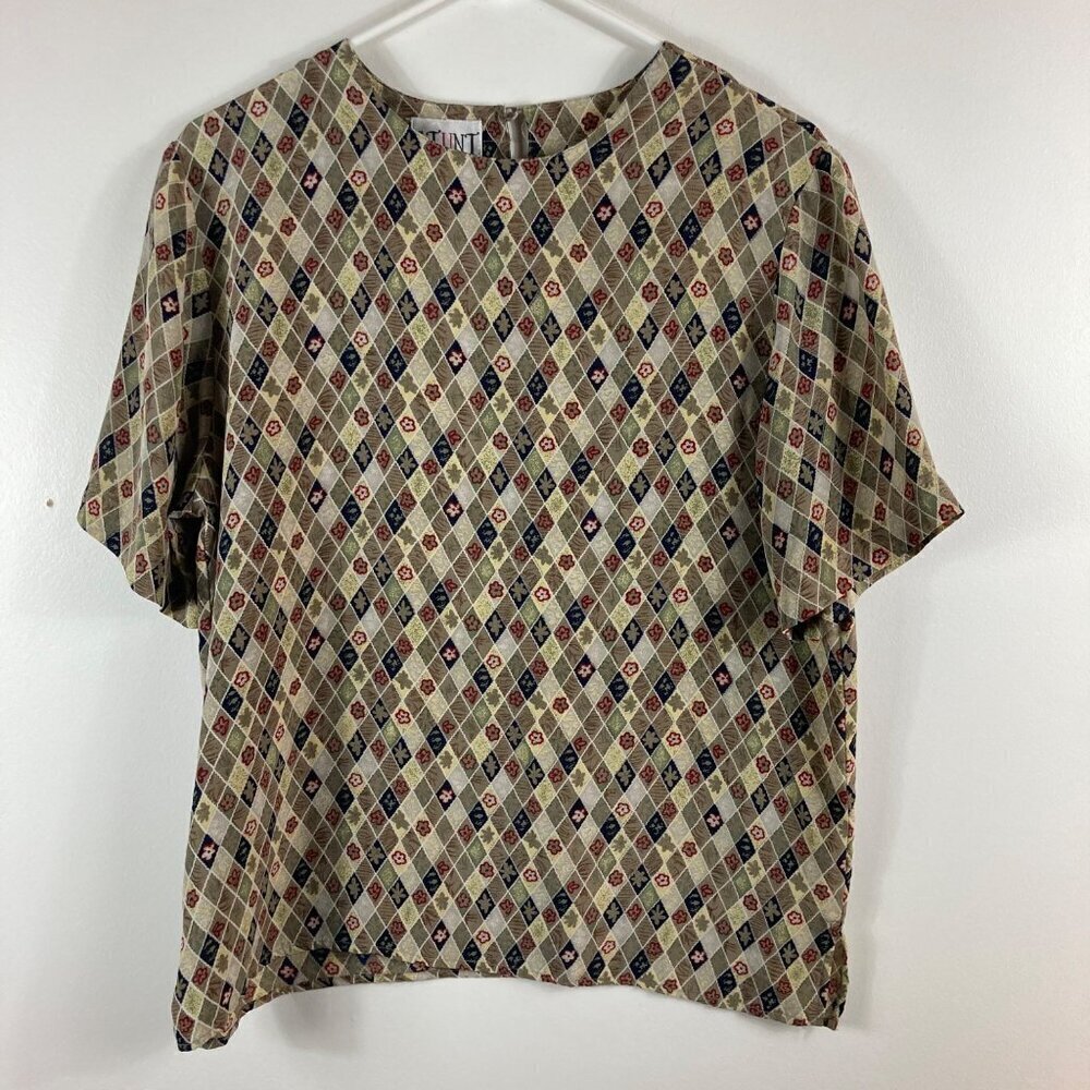 Womens Vintage‎ Stunt Silk Top Short Sleeve Tan Green Diamonds Flowers Pattern M